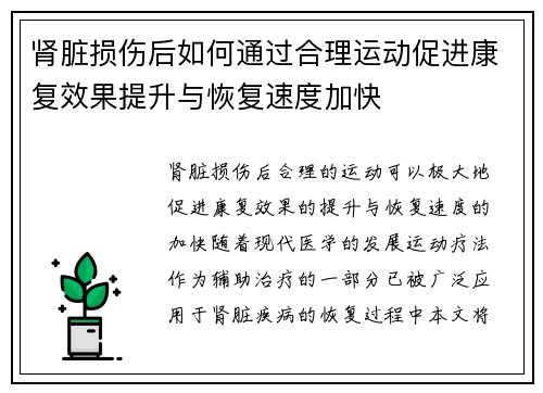 肾脏损伤后如何通过合理运动促进康复效果提升与恢复速度加快
