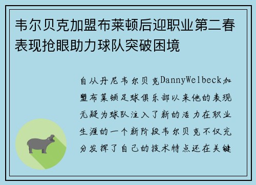 韦尔贝克加盟布莱顿后迎职业第二春表现抢眼助力球队突破困境 韦尔贝克加盟布莱顿后迎职业第二春表现抢眼助力球队突破困境